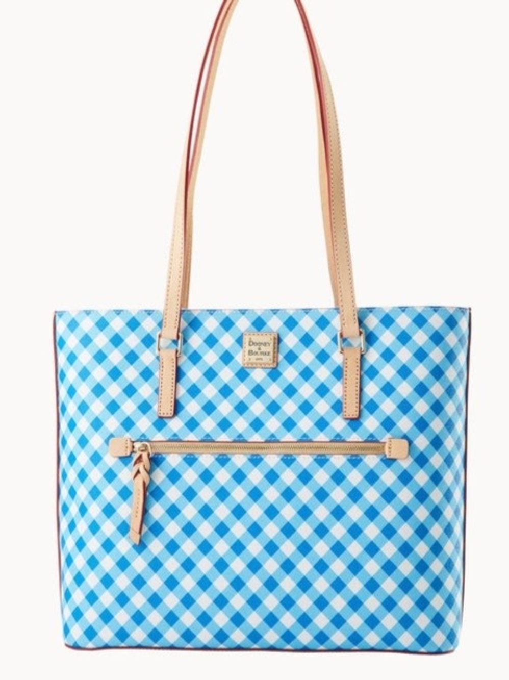 Dooney & Bourke Light Blue Gingham Tote with Tan Straps